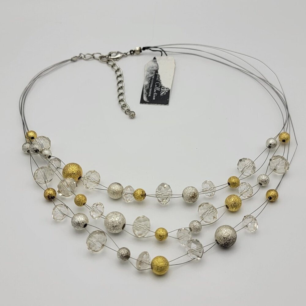 Gold And Clear Austrian Crystal Wire Station Necklace 17.5" Layered Silver-Tone